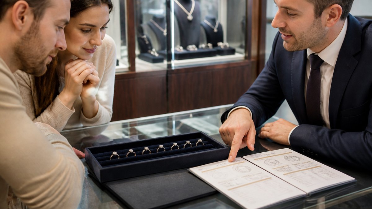A couple viewing GIA certified diamond engagement rings with a jeweler in a showroom