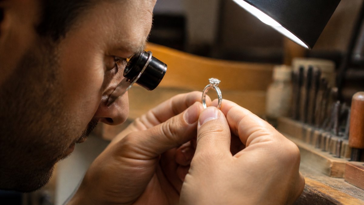 Jeweller using a loupe to inspect diamond engagement ring settings for lifetime jewellery aftercare